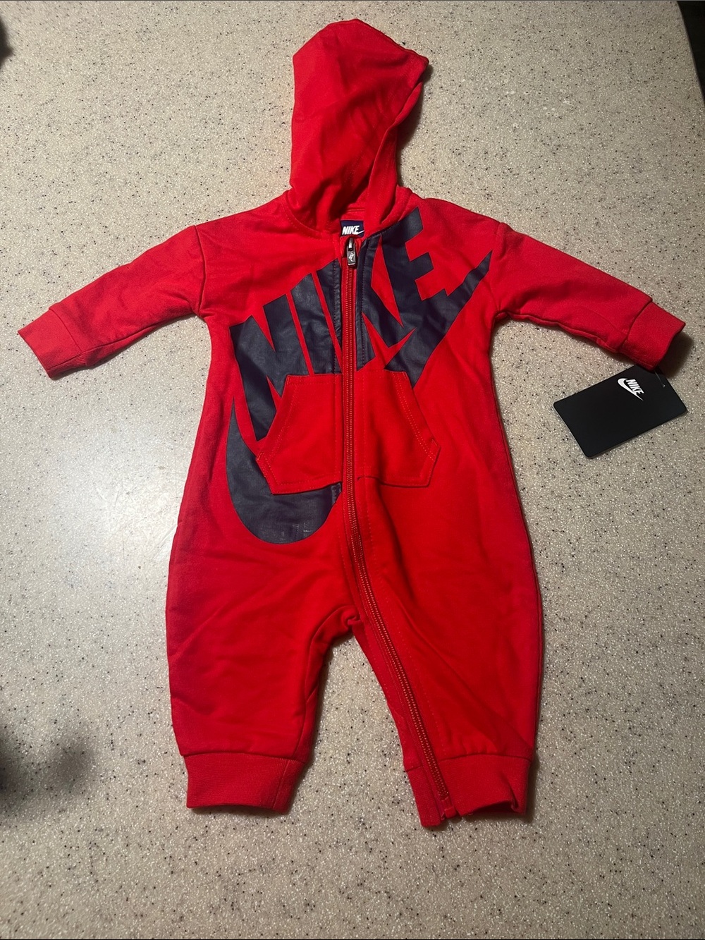 Nike Red Hooded Baby One-Piece with Black Logo